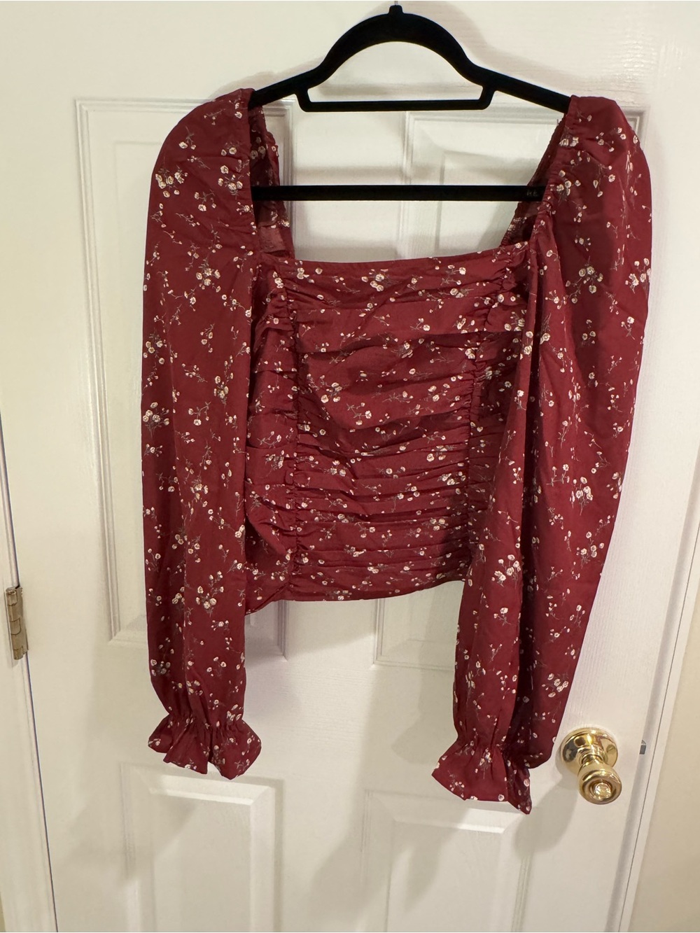 Pink Lily Burgundy Floral Ruched Square-Neck Blouse